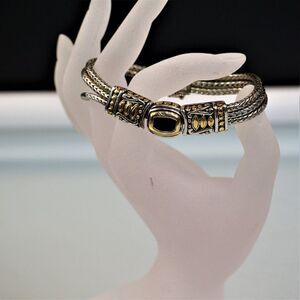 Silver Tone Triple Naga Chain Bracelet Stone And Gold Accents Magnetic Clasp